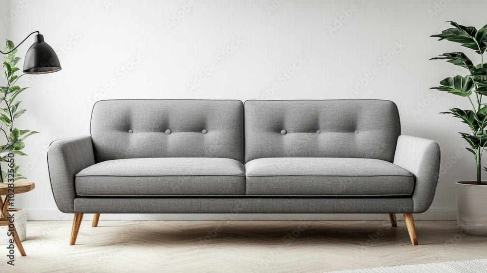 Fototapeta premium Modern grey sofa with wooden legs in a stylish living room setting, modern, grey, sofa, wooden, legs