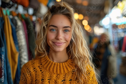 Joyful Shopping Spree: Young Woman Delighted in Buying New Clothes on Store Sale - Fashion & People Concept photo