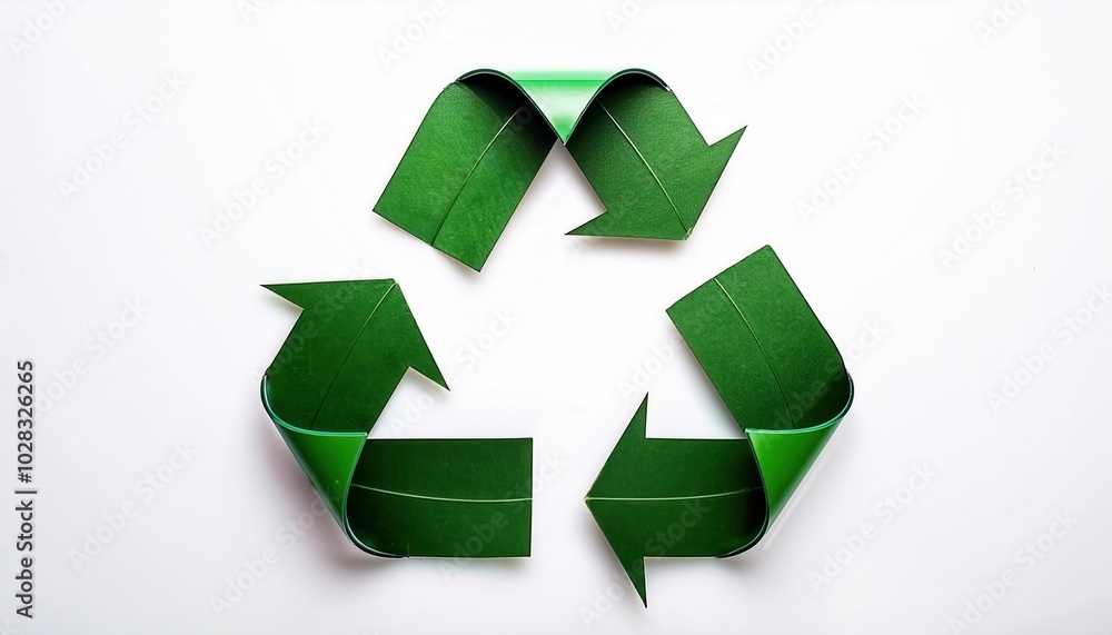 Obraz premium 3D Leaf Textured Green Recycling Arrows Representing Sustainable Waste Management for Eco Friendly Campaigns, Renewable Energy Initiatives, and Environmental Branding