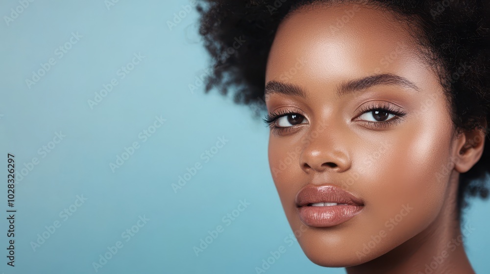 A close-up portrait of a woman with vibrant skin and a textured afro hairstyle against a blue background. A close-up portrait of a woman with vibrant skin and a textured afro hairstyle against a blue background.