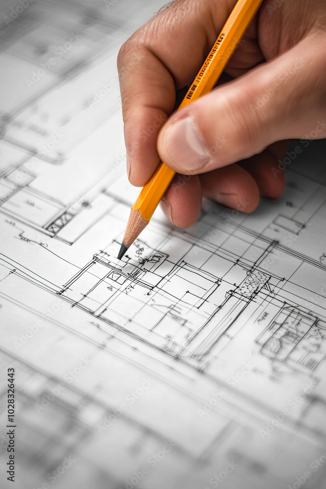 Architect sketching details on a blueprint with a pencil Architect sketching details on a blueprint with a pencil