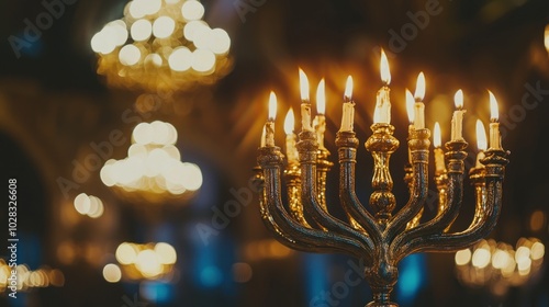 The intricate details of the menorah shine against a sophisticated backdrop, enhancing its beauty. photo