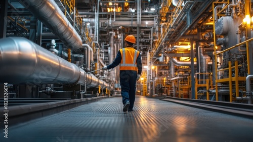 Industrial Worker Inspects Pipelines at an Oil and Gas Refinery During Evening Hours. Generative AI photo