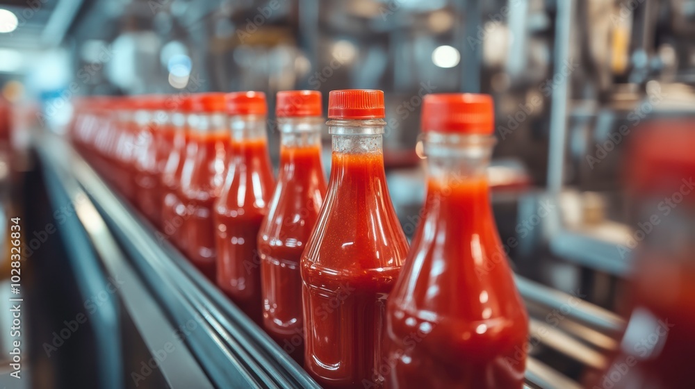 Bottled Ketchup Production Process in a Factory With Selective Focus on Assembly Line Details. Generative AI Bottled Ketchup Production Process in a Factory With Selective Focus on Assembly Line Details. Generative AI
