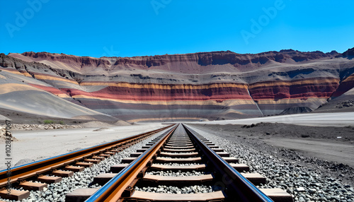 Rail tracks extend into a vast open-pit mine, surrounded by rocky terrain and stratified soil layers. The clear blue sky enhances the expansive landscape. photo