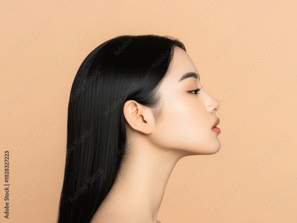 A profile view of a woman with sleek, glossy black hair against a warm, beige background, highlighting beauty and elegance. A profile view of a woman with sleek, glossy black hair against a warm, beige background, highlighting beauty and elegance.