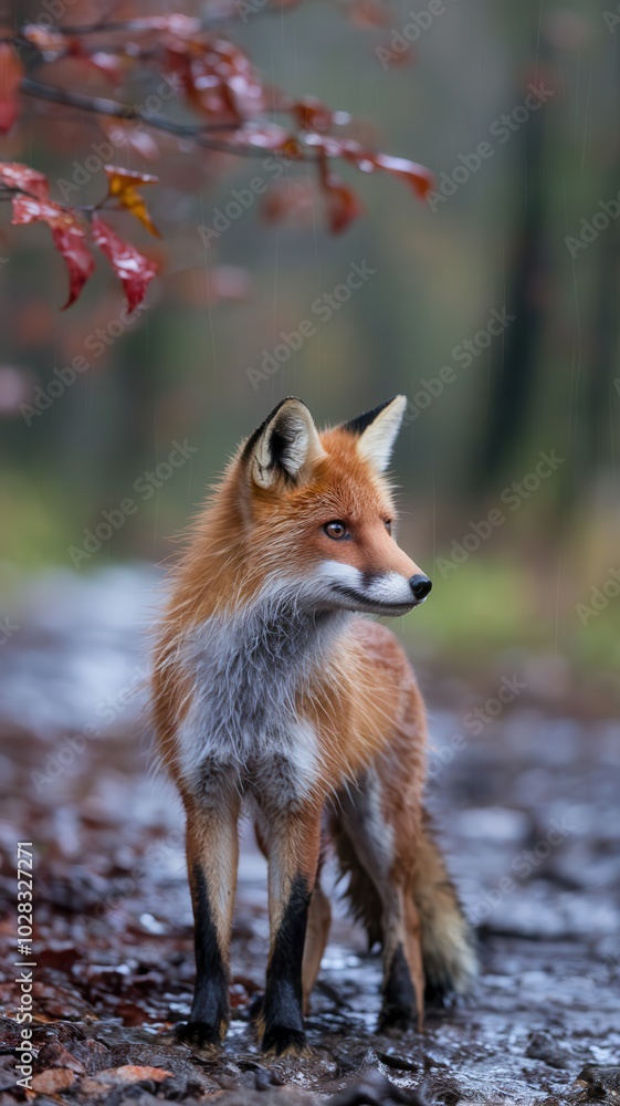 Fototapeta premium Wet Red Fox Standing in Fall Forest