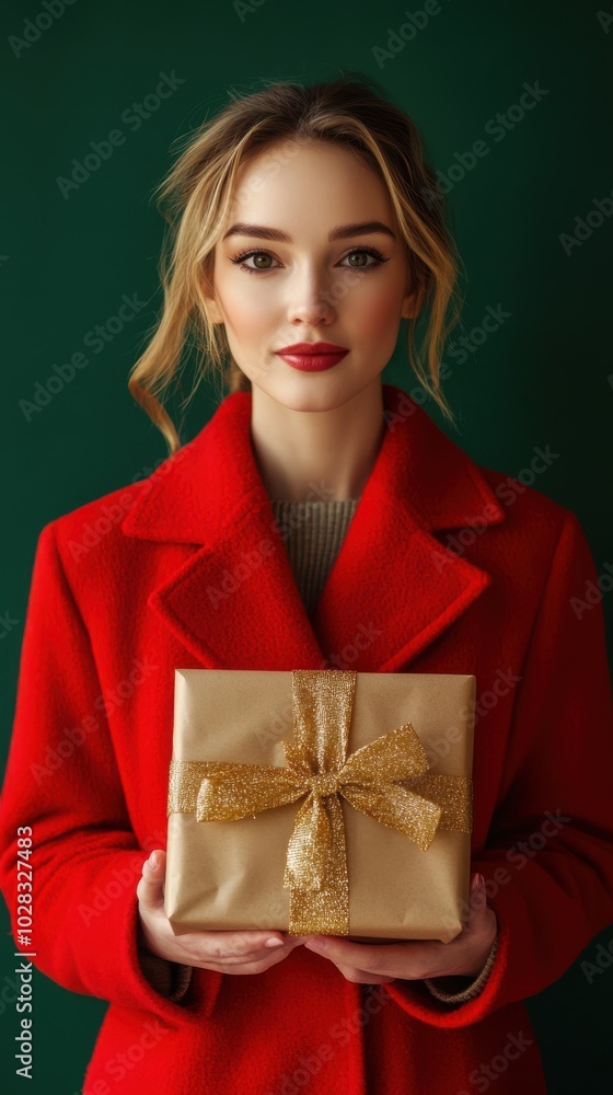 Half body shot of a Caucasian woman in a bright red wool coat, holding a beautifully wrapped gift with a ribbon, with a deep green studio backdrop, holiday shopping, Christmas sales, festive marketing Half body shot of a Caucasian woman in a bright red wool coat, holding a beautifully wrapped gift with a ribbon, with a deep green studio backdrop, holiday shopping, Christmas sales, festive marketing