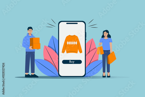 A man and a woman are standing next to a cell phone with a shopping app on it