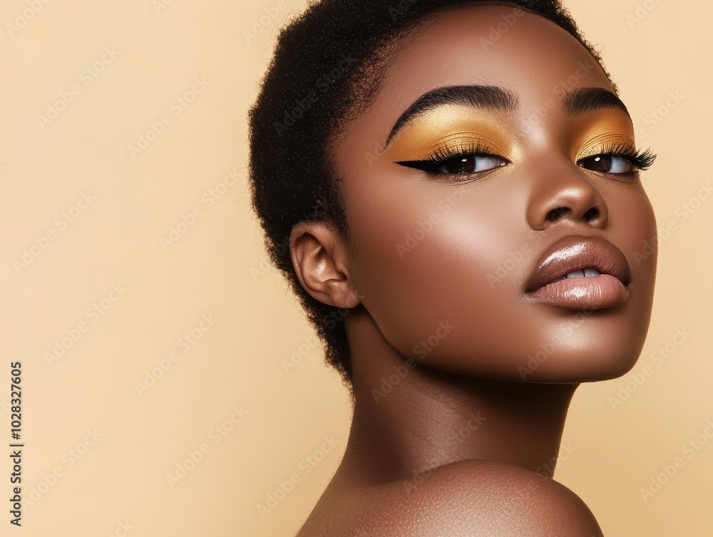 A close-up portrait of a woman showcasing bold makeup, highlighting golden eyeshadow on a warm-toned background, emphasizing beauty and elegance. A close-up portrait of a woman showcasing bold makeup, highlighting golden eyeshadow on a warm-toned background, emphasizing beauty and elegance.