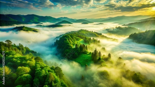 Aerial View of Green Smog and Fog Spreading Over Ground - Atmospheric Effects for Landscape Photography, Nature Scenes, Environmental Concepts, and Abstract Backgrounds