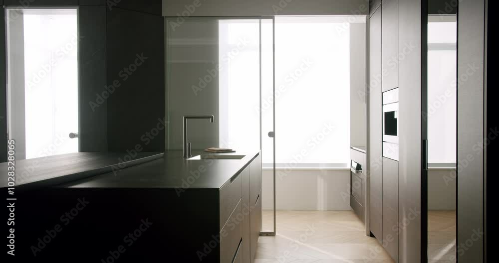 Real Apartment Modern Kitchen Room. Real Luxury Design Interior. Minimalist Furniture with Dining table with modern chairs. Modern Chrome Faucet. New Home. Neoclassic Style and cozy interior. Real Apartment Modern Kitchen Room. Real Luxury Design Interior. Minimalist Furniture with Dining table with modern chairs. Modern Chrome Faucet. New Home. Neoclassic Style and cozy interior.