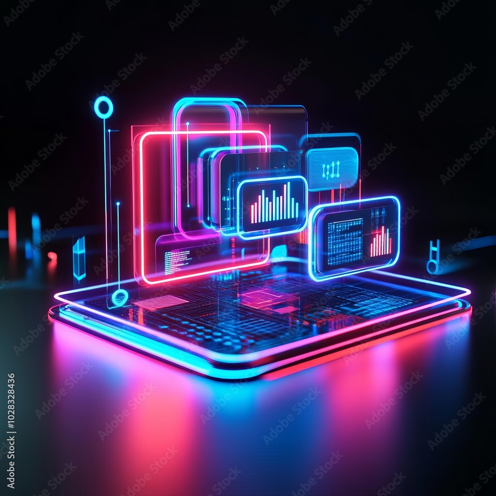 Blockchain transformation, holographic display, digital environment, neon accents Blockchain transformation, holographic display, digital environment, neon accents