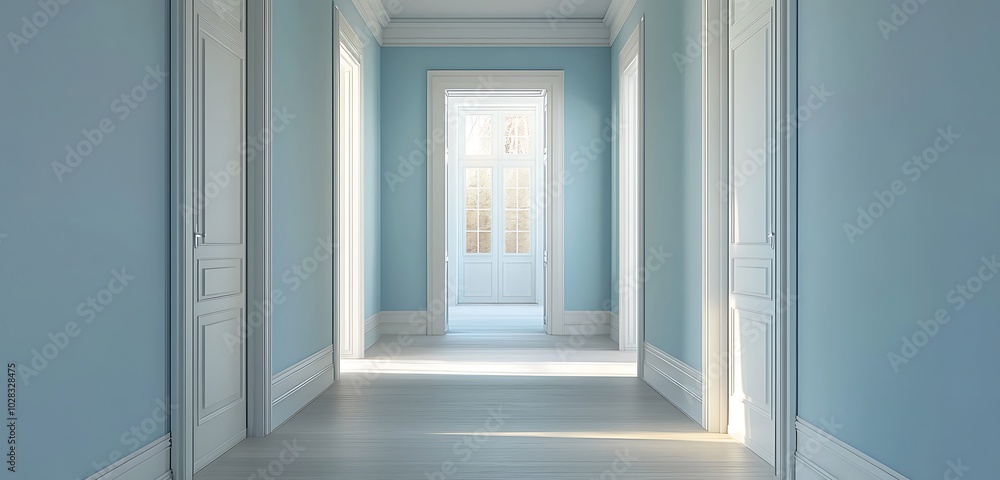 Fototapeta premium Minimalist hallway in pale blue with white doors, spacious and unoccupied.