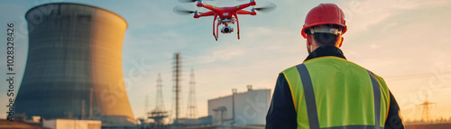 Nuclear engineers using drones for inspections at power plant, showcasing modern technology in industrial settings. scene captures collaboration between man and machine in critical environment