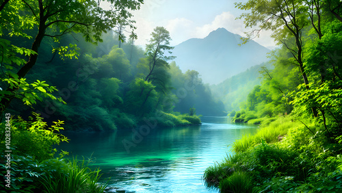 Serene River Winding Through Lush Forest: Tranquility reigns in this serene landscape, where a crystal-clear river meanders through a vibrant green forest.