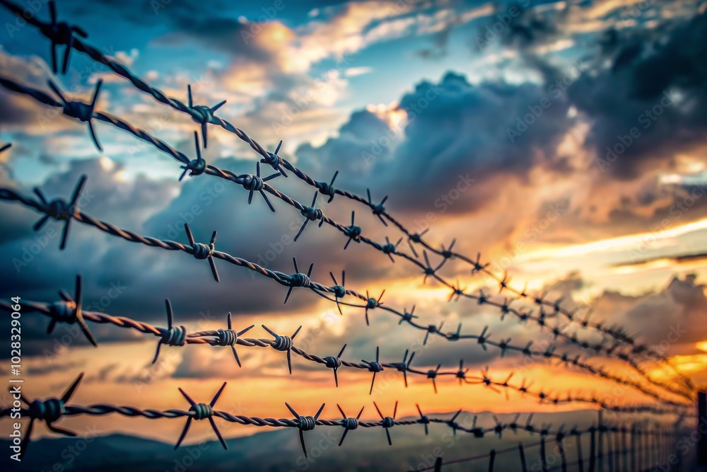 Barbed Wire Fence Against a Pale Sky - Security, Boundaries, and Harsh Environment Landscape Photography Barbed Wire Fence Against a Pale Sky - Security, Boundaries, and Harsh Environment Landscape Photography