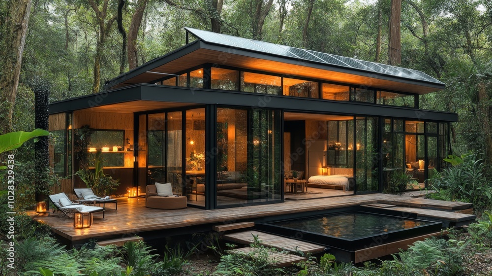 Modern Off-Grid Tiny House with Solar Panels and Serene Natural Surroundings Modern Off-Grid Tiny House with Solar Panels and Serene Natural Surroundings