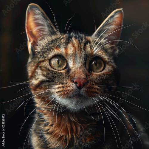 A tabby cat gazes calmly with its piercing green eyes, showcasing its beautiful fur pattern in soft lighting, adding depth to its expression and surroundings.