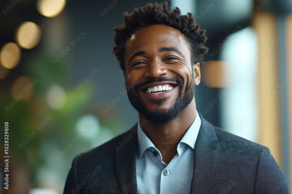 African American businessman laughing at his modern office, Generative AI