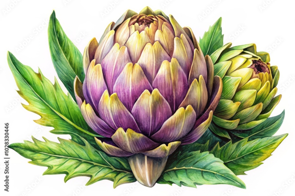 Obraz premium Botanical Watercolor Illustration of French Artichoke - Medicinal Plant ynara, Artful Representation for Nature Lovers, Herbalists, and Educational Purposes