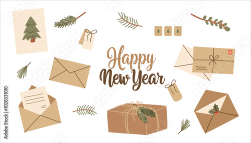 Gift boxes set. Holiday presents wrapped in festive paper wrapping, decorated with ribbon bows, strings and twines in kraft paper. Surprises in gift boxes. 
