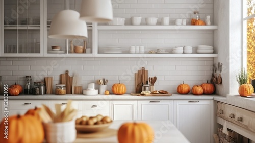 Modern white kitchen interior decorated for fall with orange pumpkins, autumn home decoration