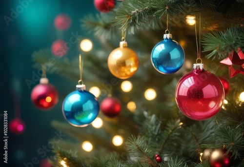 A Christmas tree with purple and blue glass ornaments hanging from it