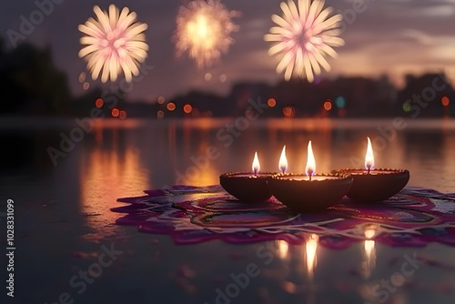 Diwali festival celebration wallpaper with Diya lamp and fireworks photo