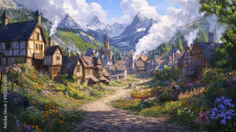 A cozy village nestled in a valley, with quaint cottages and cobblestone streets. Smoke rises from chimneys, and the surrounding hills are dotted with colorful wildflowers A cozy village nestled in a valley, with quaint cottages and cobblestone streets. Smoke rises from chimneys, and the surrounding hills are dotted with colorful wildflowers