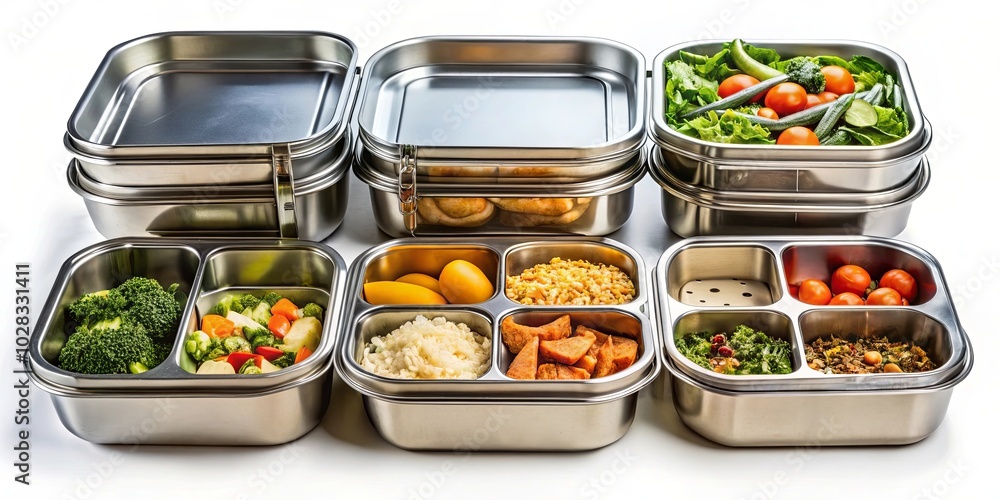 A collection of stainless steel food containers, stacked and filled with various colorful and nutritious meal components, ready for a healthy and satisfying lunch or dinner. A collection of stainless steel food containers, stacked and filled with various colorful and nutritious meal components, ready for a healthy and satisfying lunch or dinner.