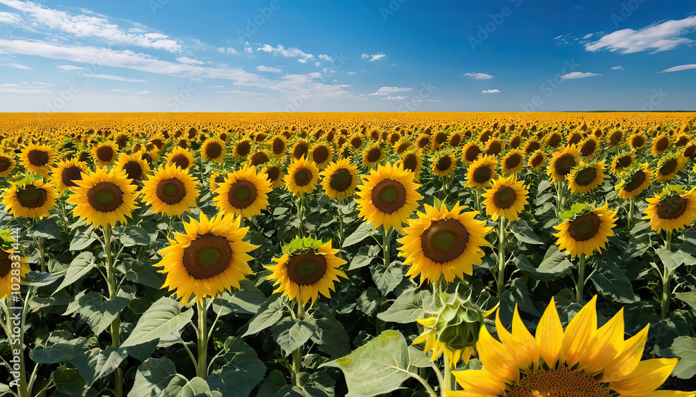 Fototapeta premium A vast field of sunflowers reaching towards the bright blue sky, illuminated by the sun