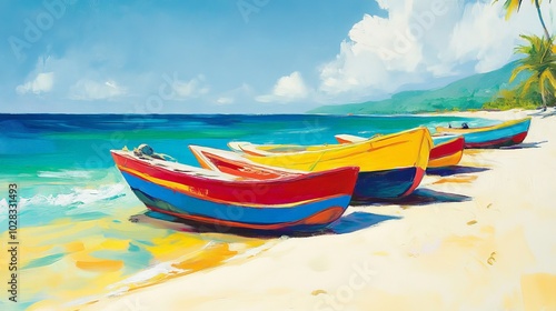 A Caribbean beach with colorful fishing boats resting on the sand, their hulls painted in bright hues of red, yellow, and blue. The water sparkles in the midday sun, inviting a dip
