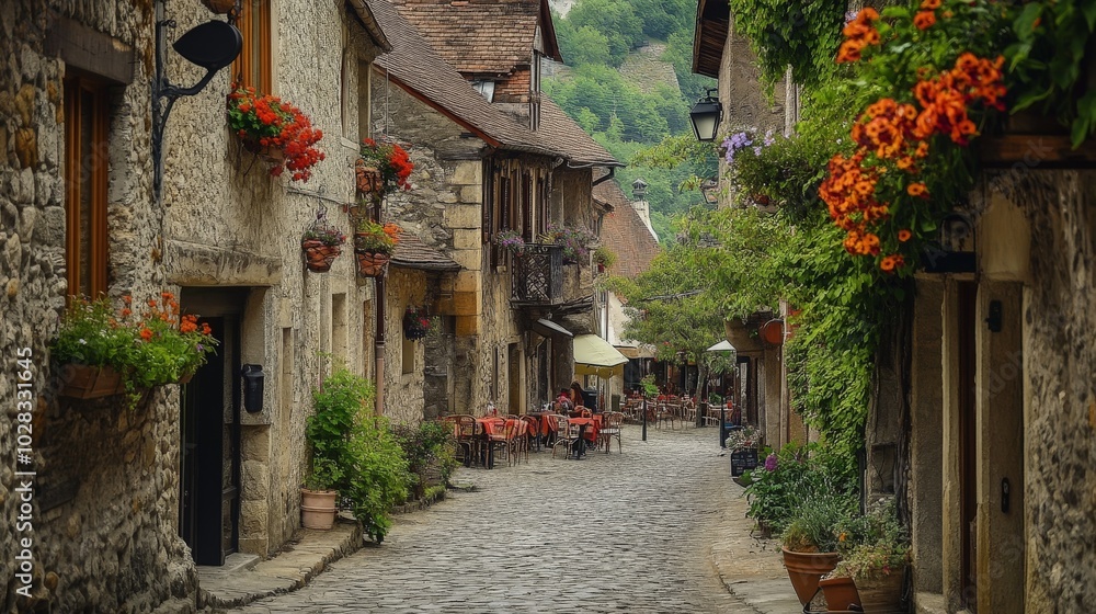 Fototapeta premium A charming European street lined with old stone buildings and flower boxes in the windows. The cobbled road leads to a small town square where people sit at outdoor cafes.