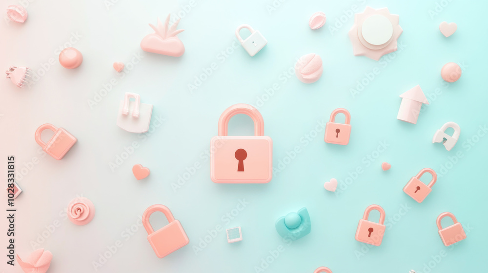 visually appealing arrangement of various lock symbols and icons on soft gradient background, representing themes of security and privacy. design evokes sense of protection and safety visually appealing arrangement of various lock symbols and icons on soft gradient background, representing themes of security and privacy. design evokes sense of protection and safety