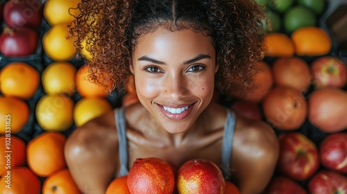 Fototapeta Naklejka Na Ścianę i Meble -  A woman holding apples surrounded by a colorful variety of fruits in a vibrant marketplace setting during daylight