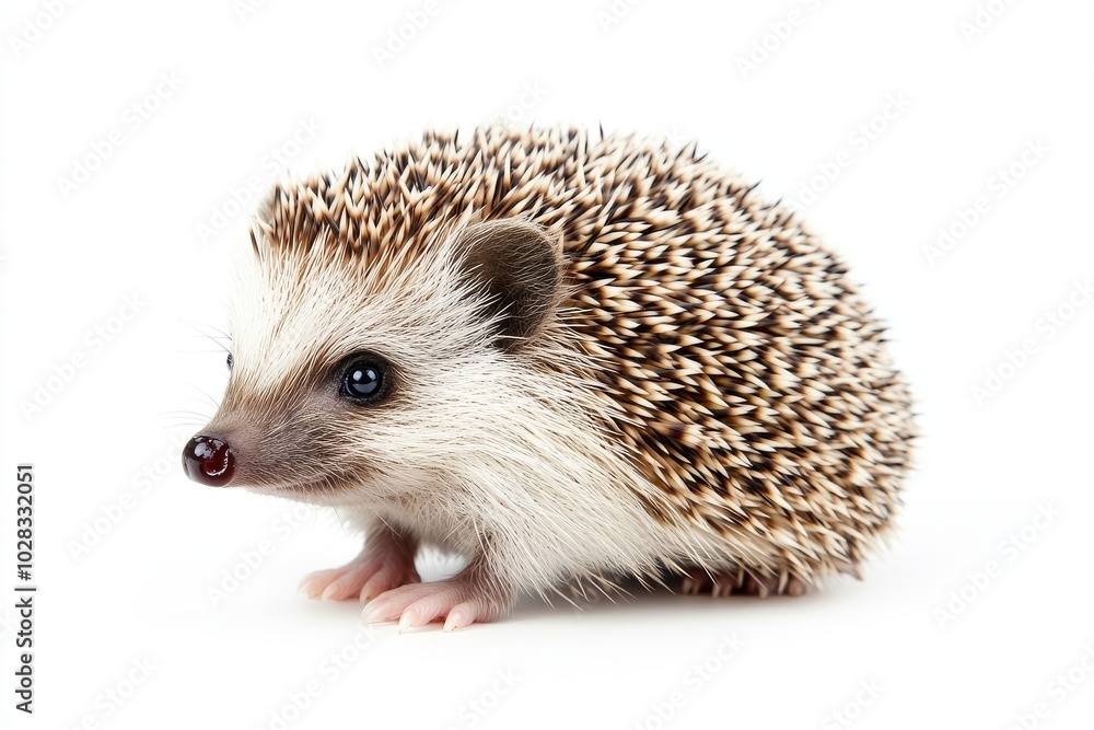 A small brown and white hedgehog with dark eyes and a pink nose stands on a white background. A small brown and white hedgehog with dark eyes and a pink nose stands on a white background.