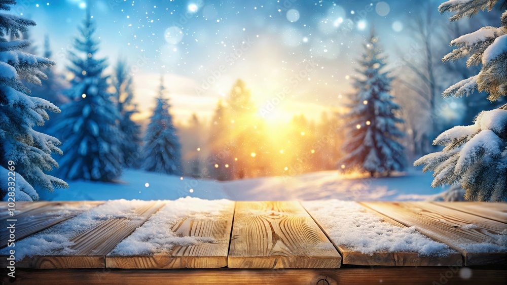 A wooden table covered in snow with a winter wonderland scene in the background, with a warm, golden sun shining through the frosty trees. A wooden table covered in snow with a winter wonderland scene in the background, with a warm, golden sun shining through the frosty trees.
