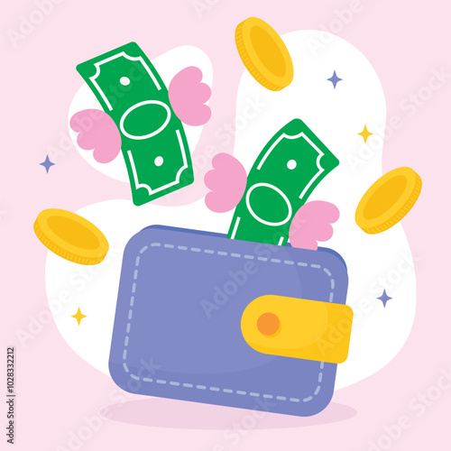 wallet with money with wings and coins