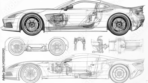 Auto blueprint in a technical drawing style, showcasing detailed schematics of a car.