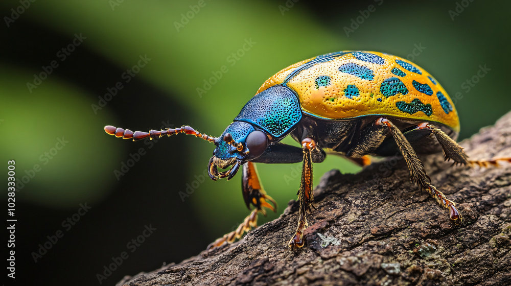 Fototapeta premium A close-up of a beetle on a tree trunkA close-up of a beetle on a tree trunk