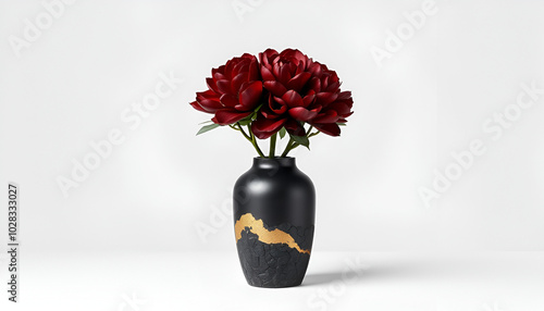 compact high-end flower vase with craggy stratified texture in matte black and gold premium silhouette minimalist pose clean white background in clean studio lighting product photography highly photo