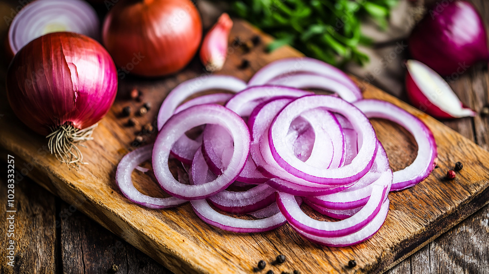 Fresh onion slices, thin and perfectly round.