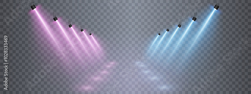 Stage and stadium lighting with bright LED strobe lights. Laser light show. Empty stage before the performance. Spotlights on a transparent background.