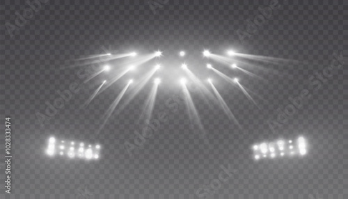 Stage and stadium lighting with bright LED strobe lights. Laser light show. Empty stage before the performance. Spotlights on a transparent background.