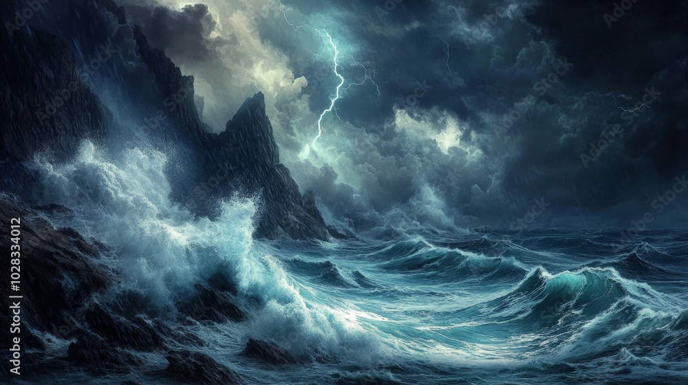 A dramatic stormy sea, with dark clouds swirling overhead and massive waves crashing against jagged cliffs. Lightning flashes in the distance, illuminating the turbulent waters A dramatic stormy sea, with dark clouds swirling overhead and massive waves crashing against jagged cliffs. Lightning flashes in the distance, illuminating the turbulent waters