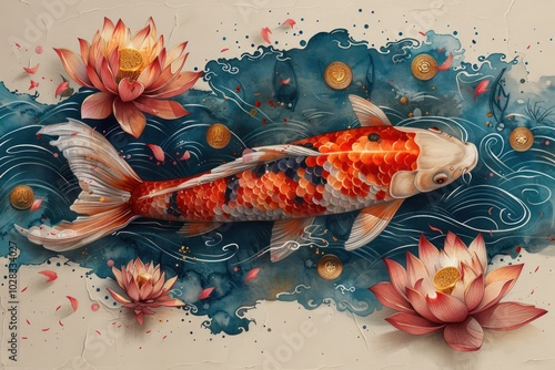 Floral Koi Tattoo with Asian Style and Lucky Coins photo