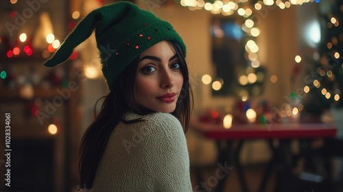 Half body shot of a Middle Eastern woman with medium-length straight hair, wearing a green Christmas elf hat and a white knit sweater, posing with her hands resting by her sides photo