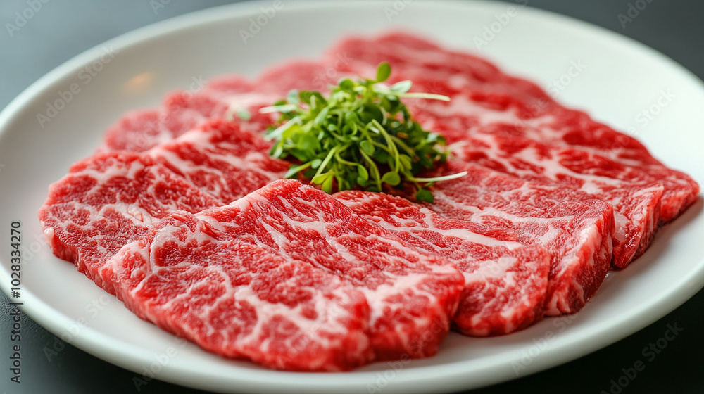Fresh raw beef slices with a rich red color marbling Fresh raw beef slices with a rich red color marbling