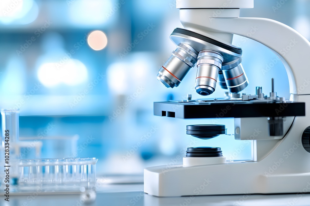 Close-up of an advanced microscope in use, highlighting the precision and technology behind medical research. In the background is a blurred laboratory with a blue color theme Close-up of an advanced microscope in use, highlighting the precision and technology behind medical research. In the background is a blurred laboratory with a blue color theme